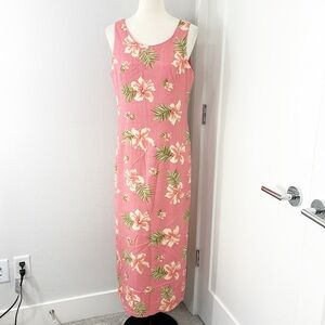 Pineapple Moon Medium Pink Floral Hawaiian Silk Sleeveless Midi Dress